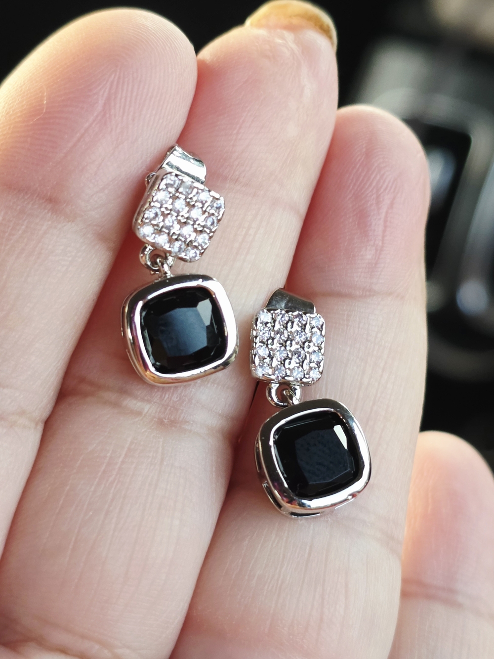 Classic Black Stone Drop Earrings with White Gold Plated Accents